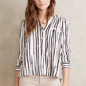 Anthropologie Navy and White Vertical Stripe Button-Down Blouse